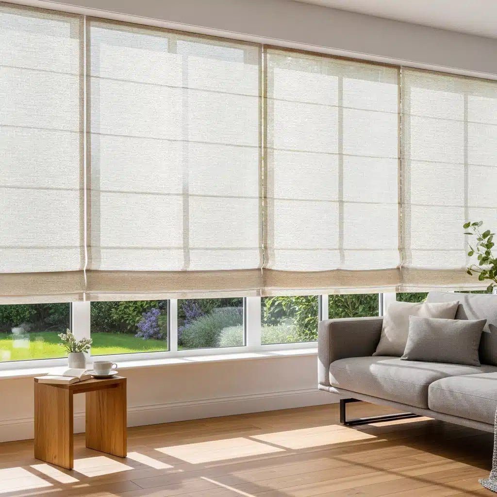Motorized Roman shades in bright living room with gray sofa, wooden side table, coffee cup, and large windows overlooking lush green garden.